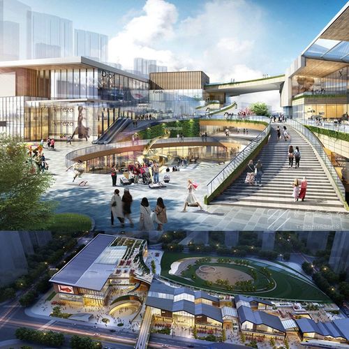 新中式商业综合体连续折屋顶购物中心商城下沉广场su模型 效果图